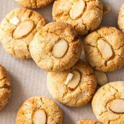 Closeup of 10 almond coconut cookies.