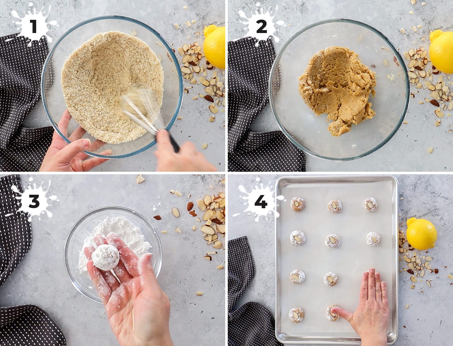 A collage of 4 images showing how to make almond coconut cookies.