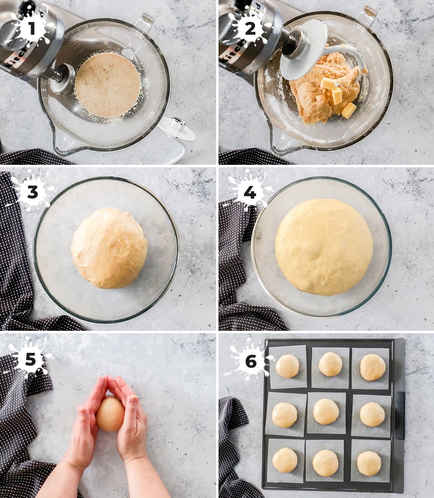 A collage of 6 images showing how to make the dough for Bavarian donuts.