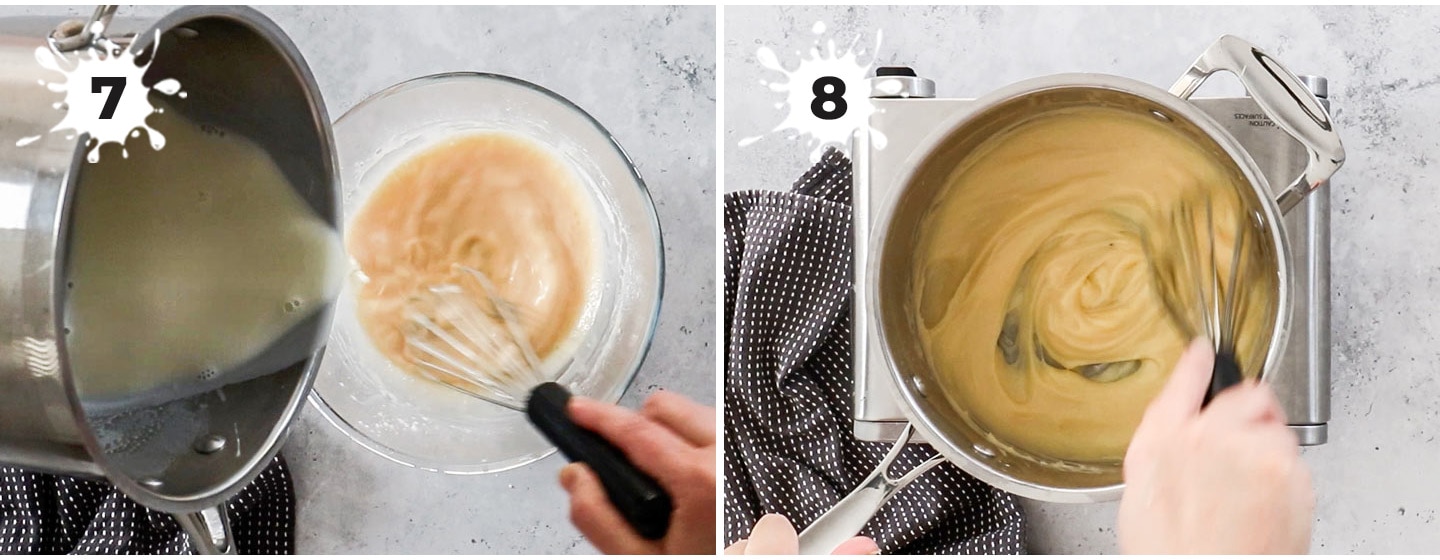 A collage of 2 images showing how to make the cream filling.
