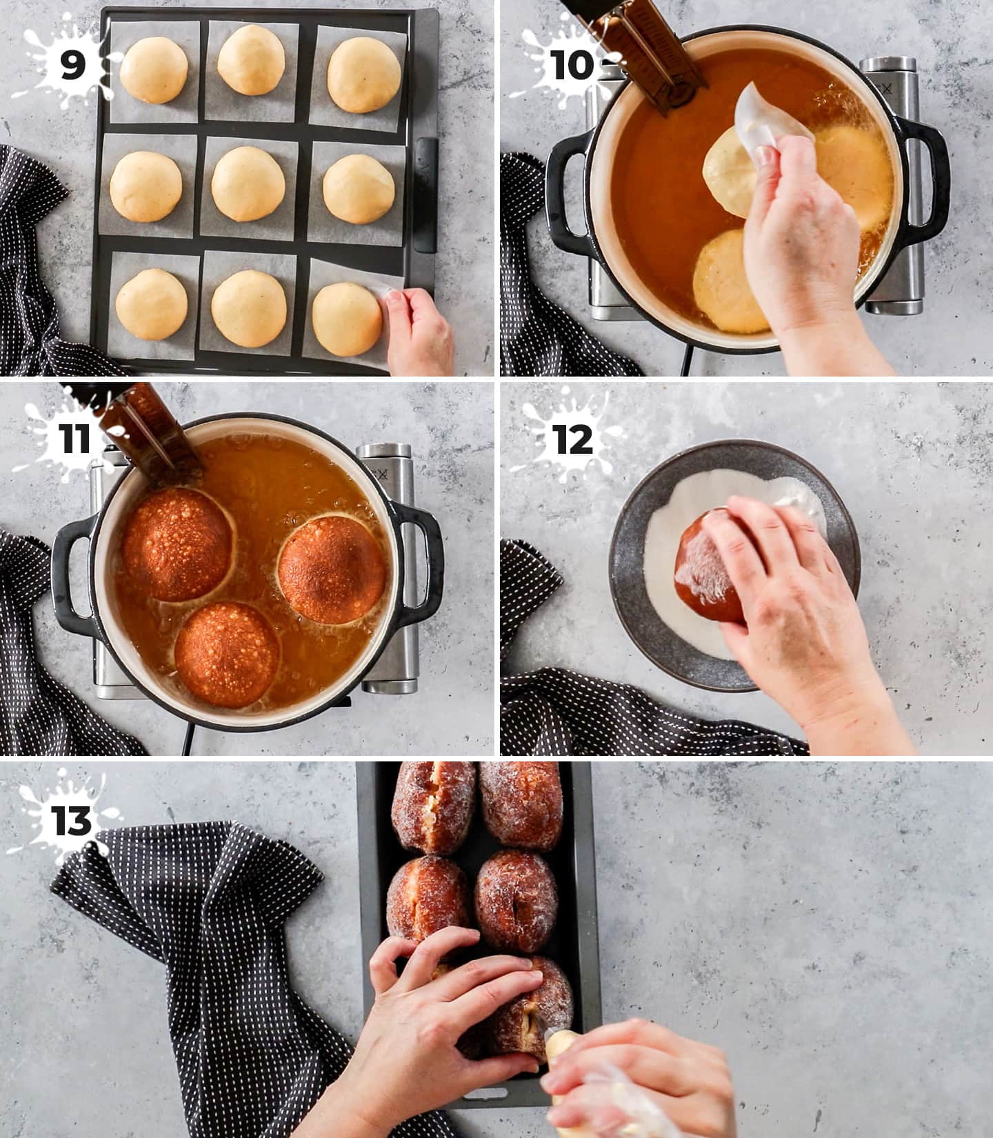 A collage of 6 images showing how to cook and fill Bavarian donuts.