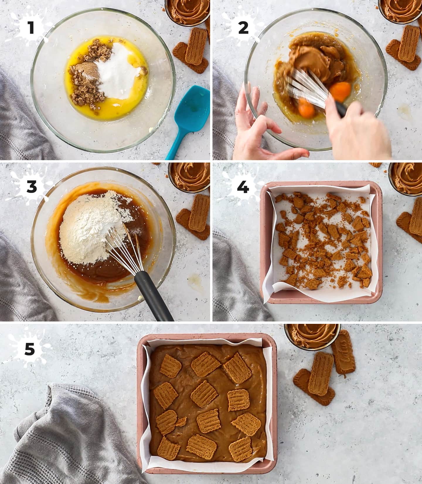 A collage of 5 images showing how to make Biscoff blondies.