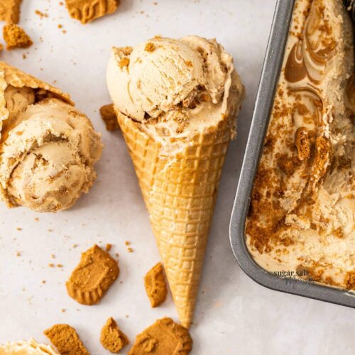 A waffle cone filled with scoops of cookie butter ice cream.