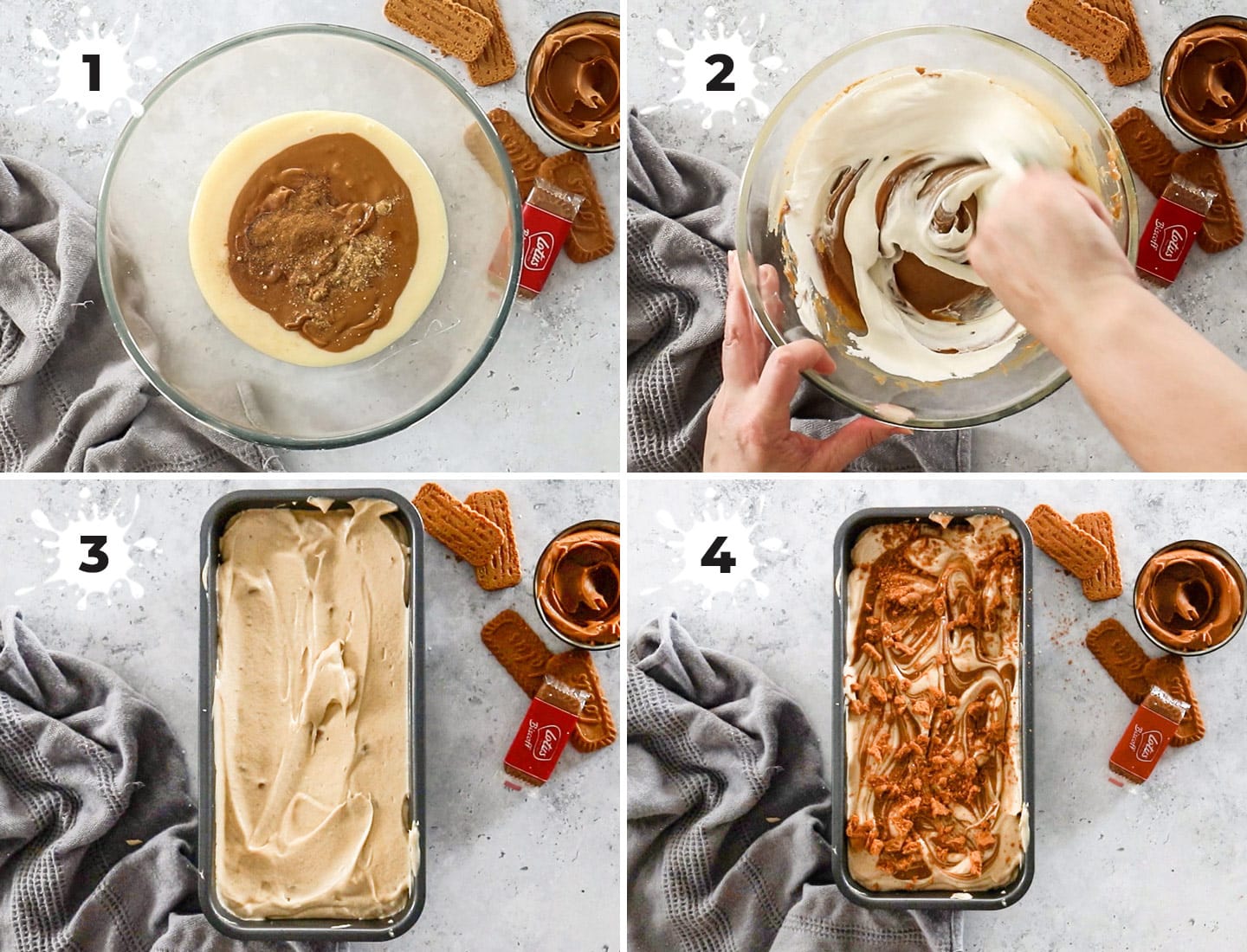 A collage of 4 images showing how to make cookie butter ice cream.
