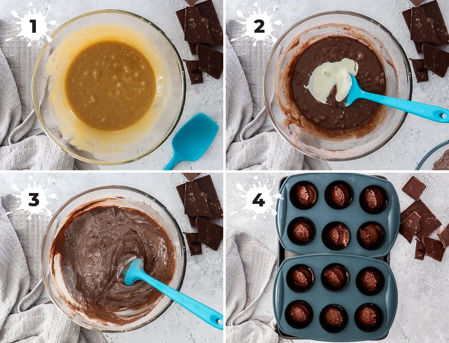A collage of 4 images showing how to make chocolate cupcakes.