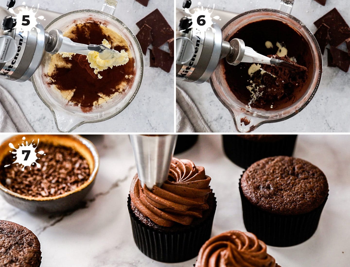 A collage of 3 images showing how to make chocolate fudge frosting.