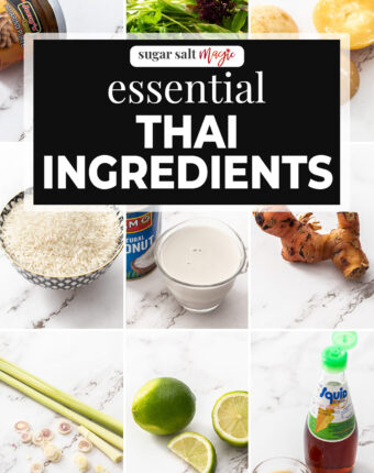 A collage of 9 ingredients labelled "essential Thai ingredients".