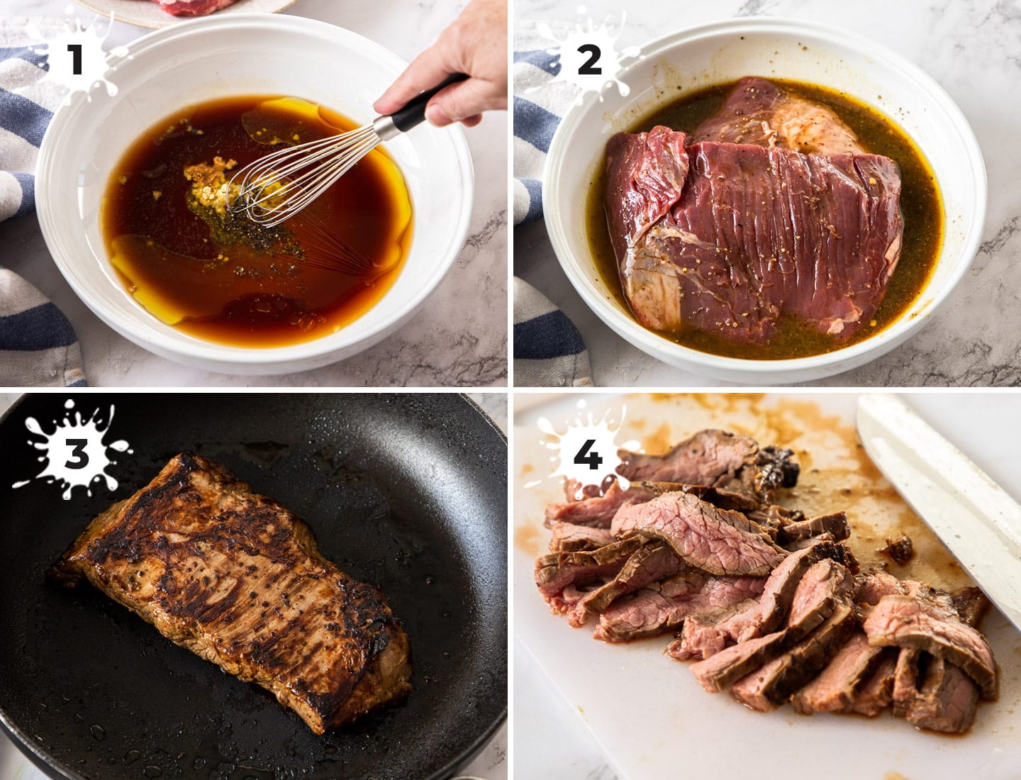 A collage of 4 images showing how to make chimichurri flank steak.