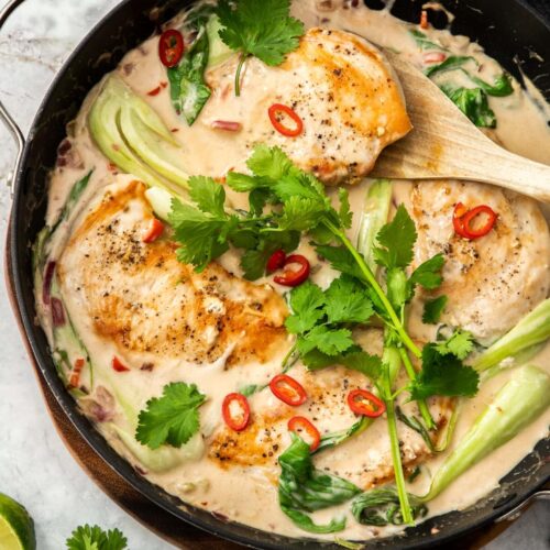 Lime coconut chicken in a large skillet, ready to be served.
