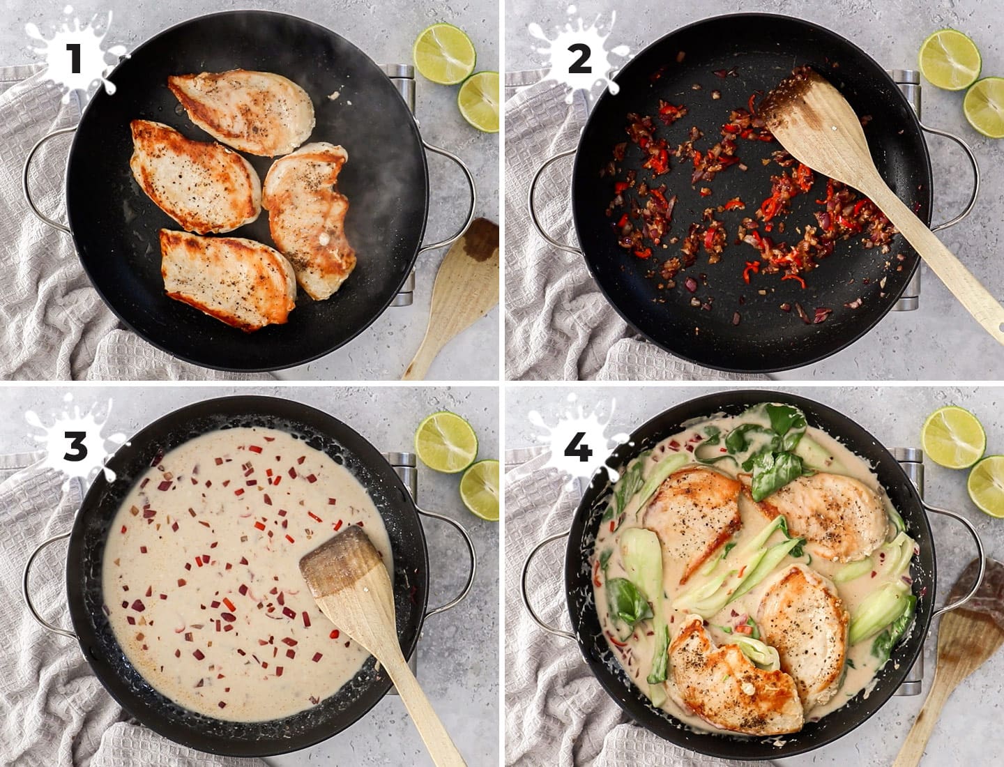 A collage of 4 images showing how to make lime coconut chicken.