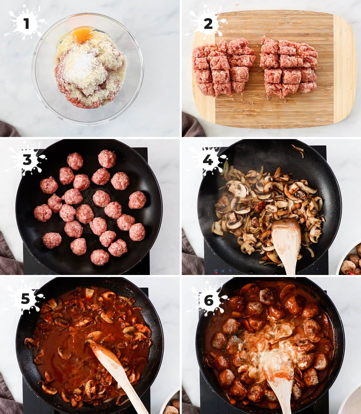 A collage of 6 images showing how to make meatball stroganoff.