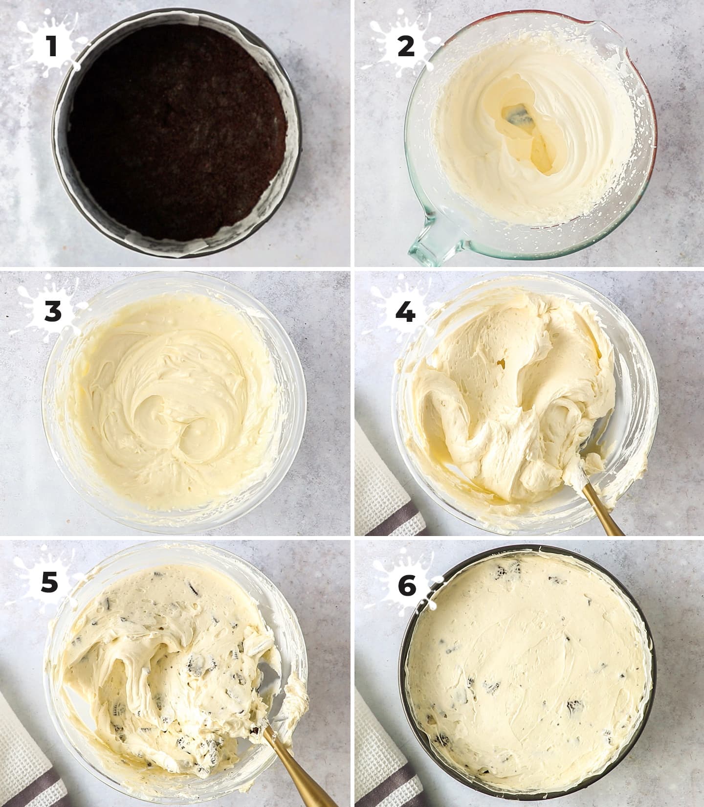 A collage of 6 images showing how to make oreo cheesecake.