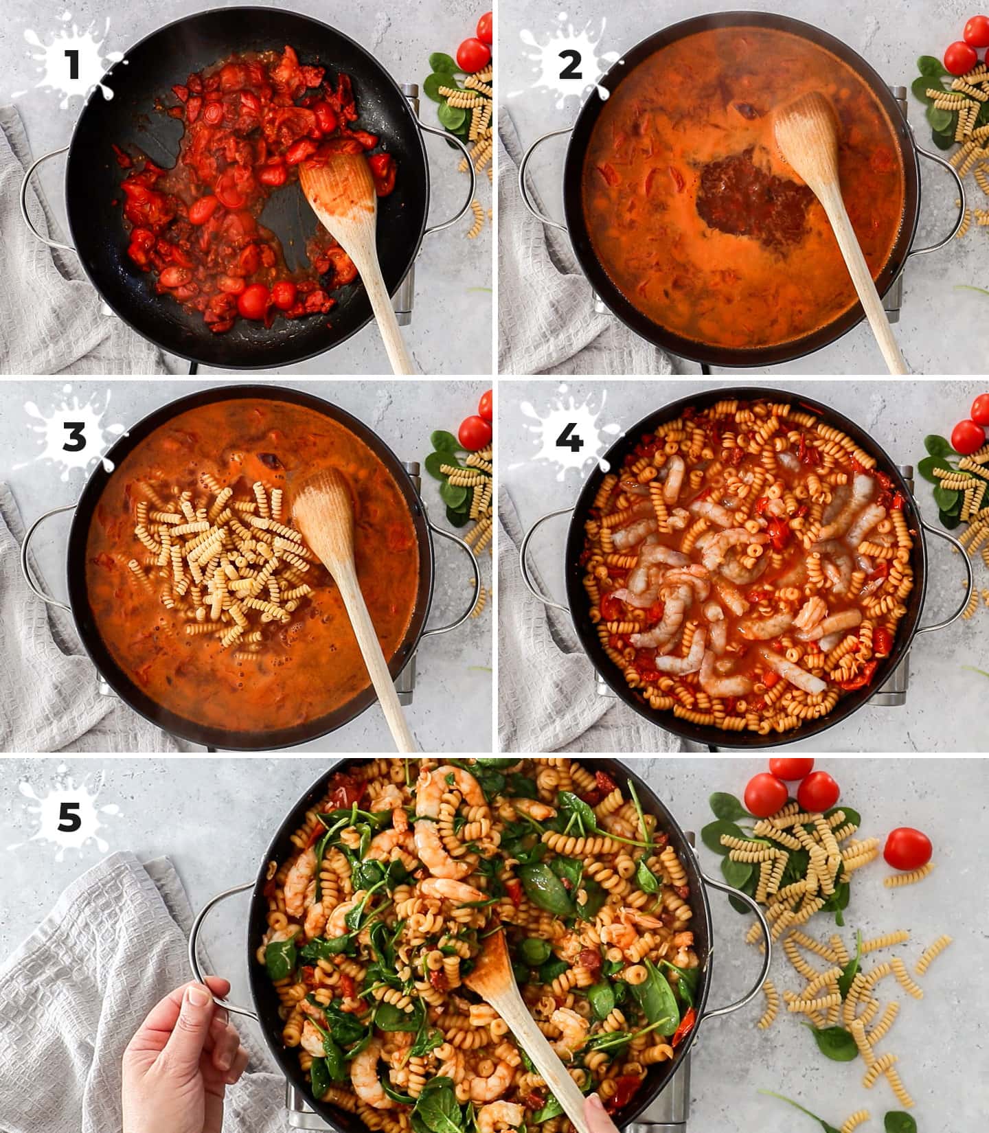 A collage of 5 images showing how to make prawn and chorizo pasta.