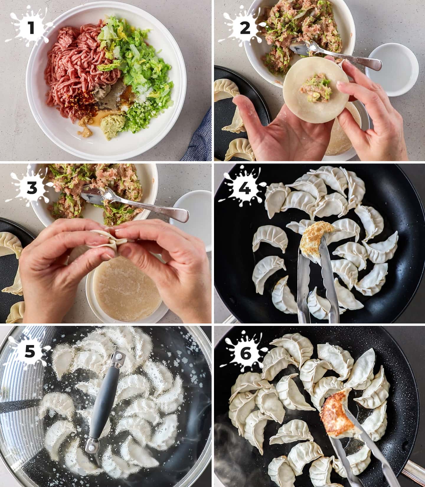A collage of 6 images showing how to make pork gyoza.