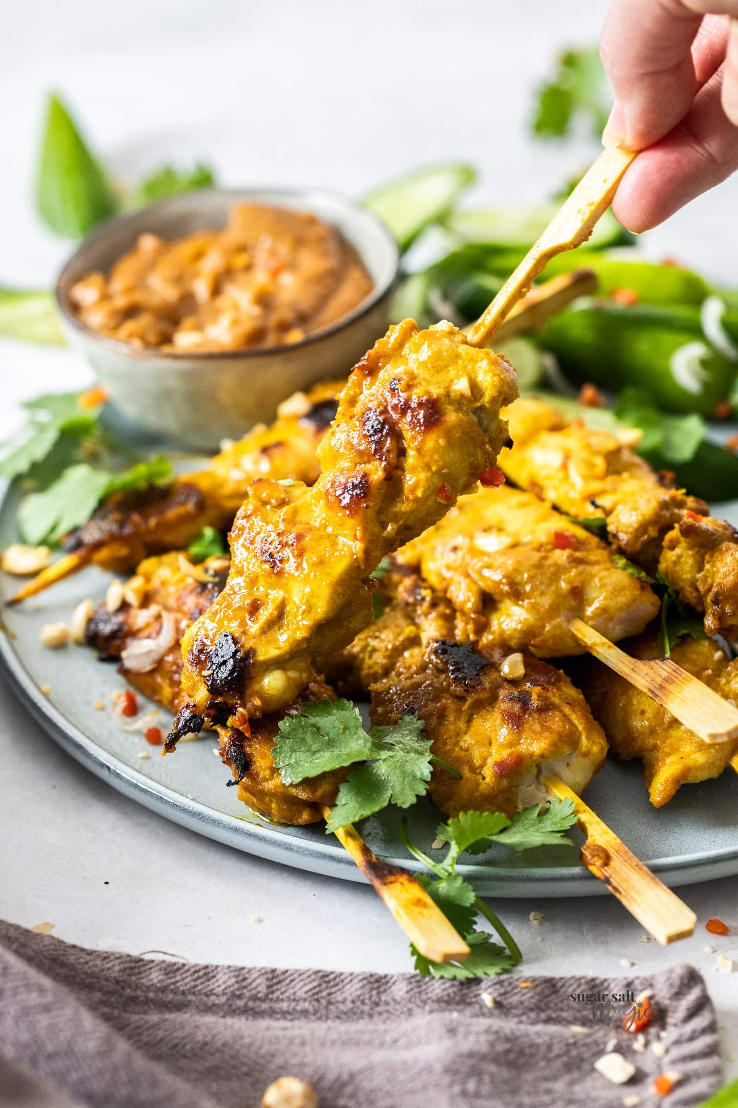 Chicken satay on a bamboo skewer.