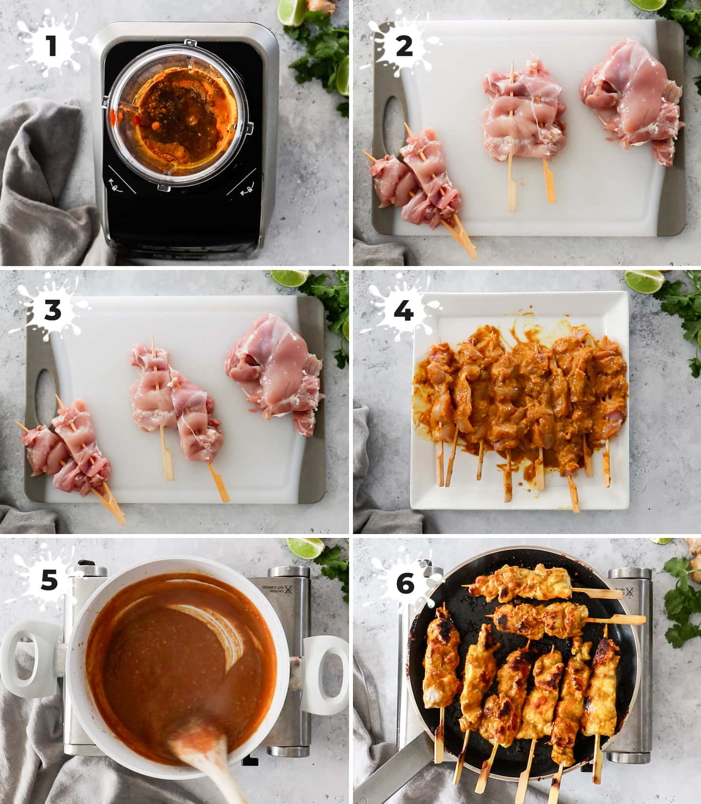 A collage of 6 images showing how to make Thai chicken satay.