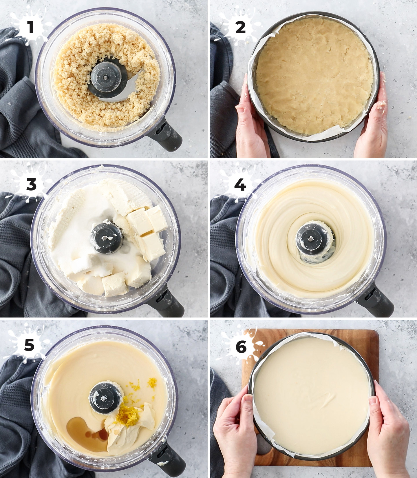 A collage showing how to make baked ricotta cheesecake.
