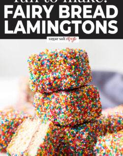 A stack of 3 fairy bread lamingtons.