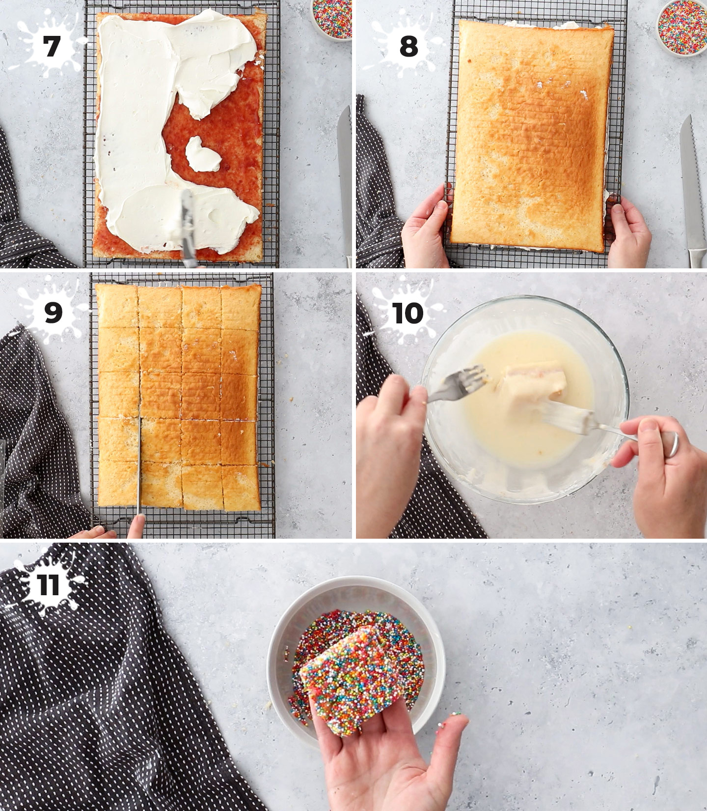A collage showing how to fill and assemble the cakes.