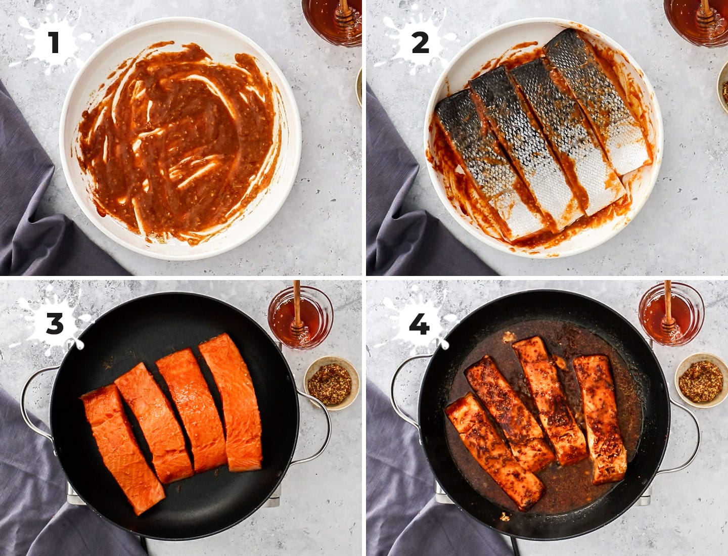 A collage of 4 images showing how to make honey mustard salmon.