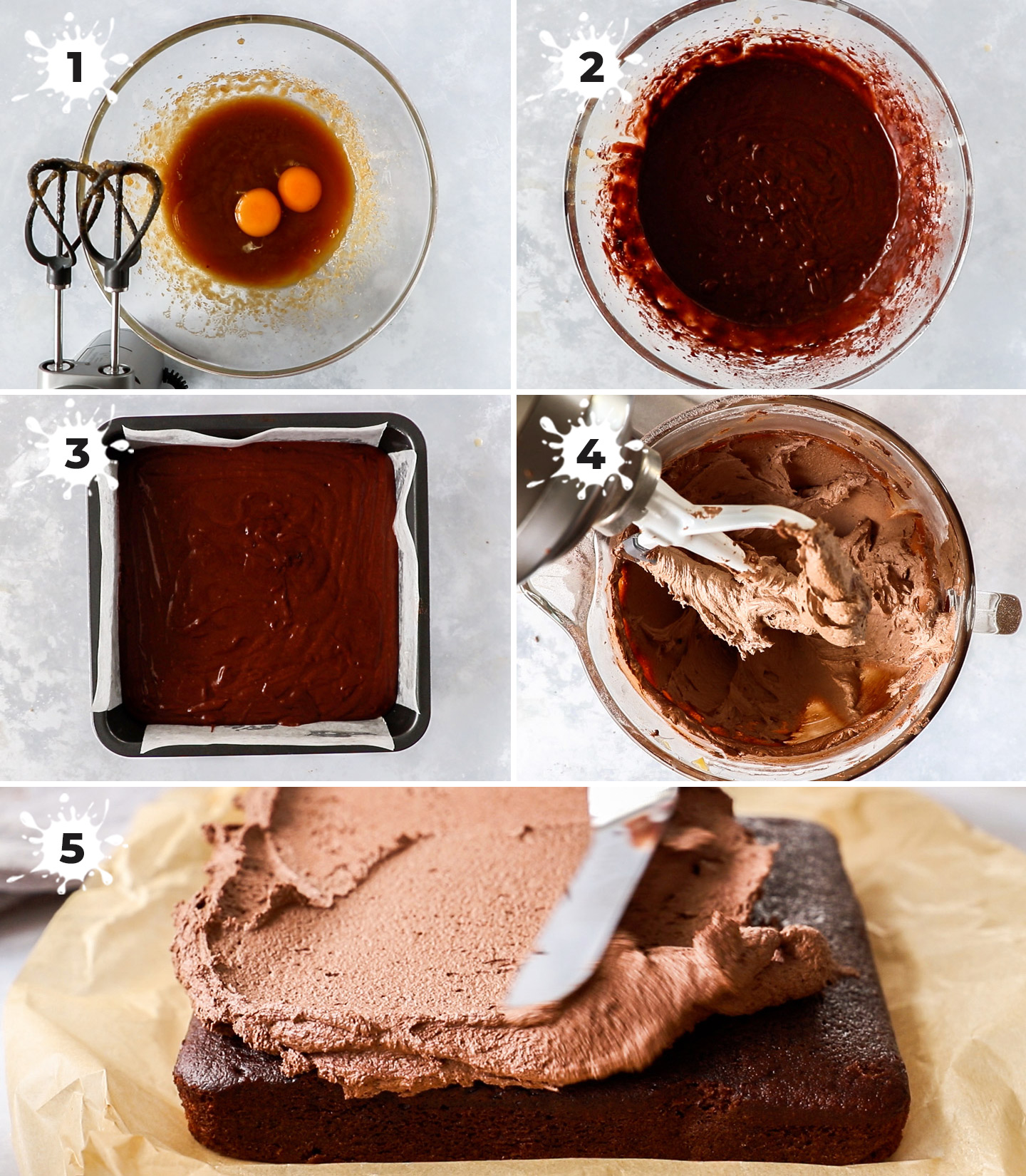 A collage showing how to make one bowl chocolate cake.