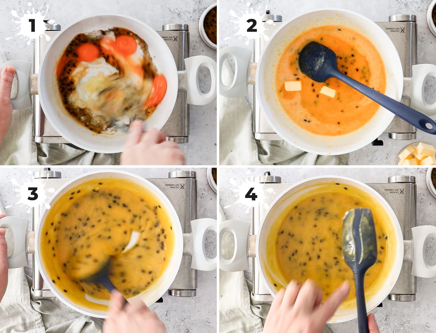 A collage of 4 images showing how to make passionfruit curd.