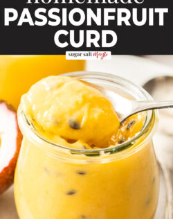 A small jar filled with passionfruit curd.