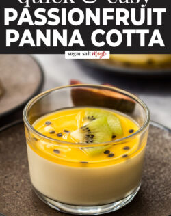 Close up of passionfruit panna cotta in a glass.