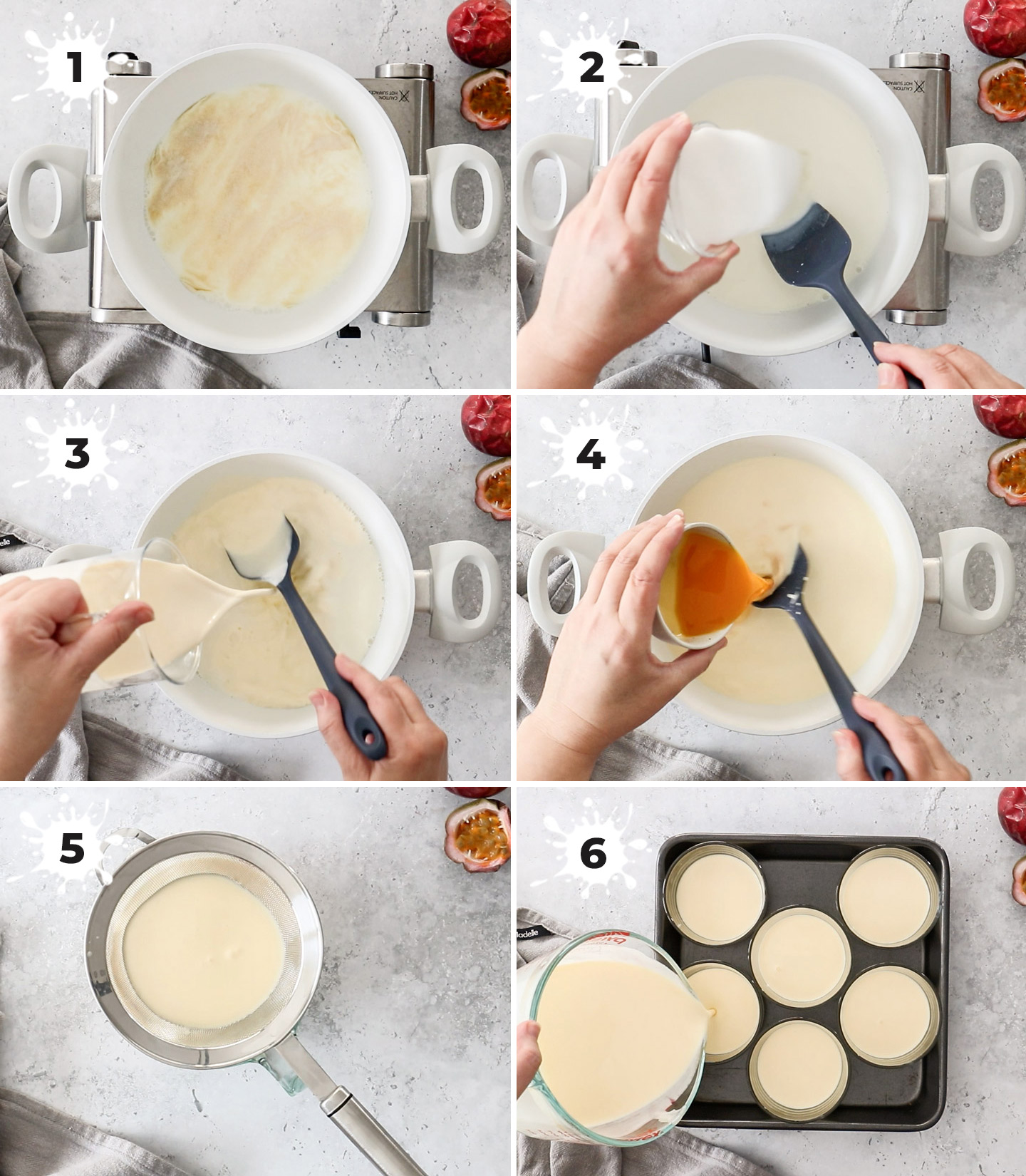 A collage showing how to make passionfruit panna cotta.