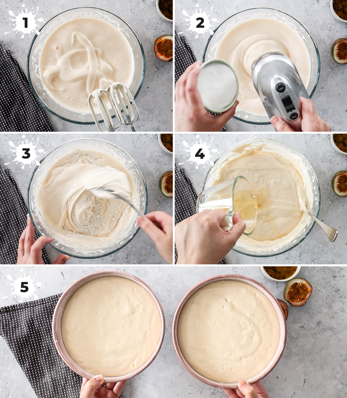 A collage showing how to make the sponge batter.