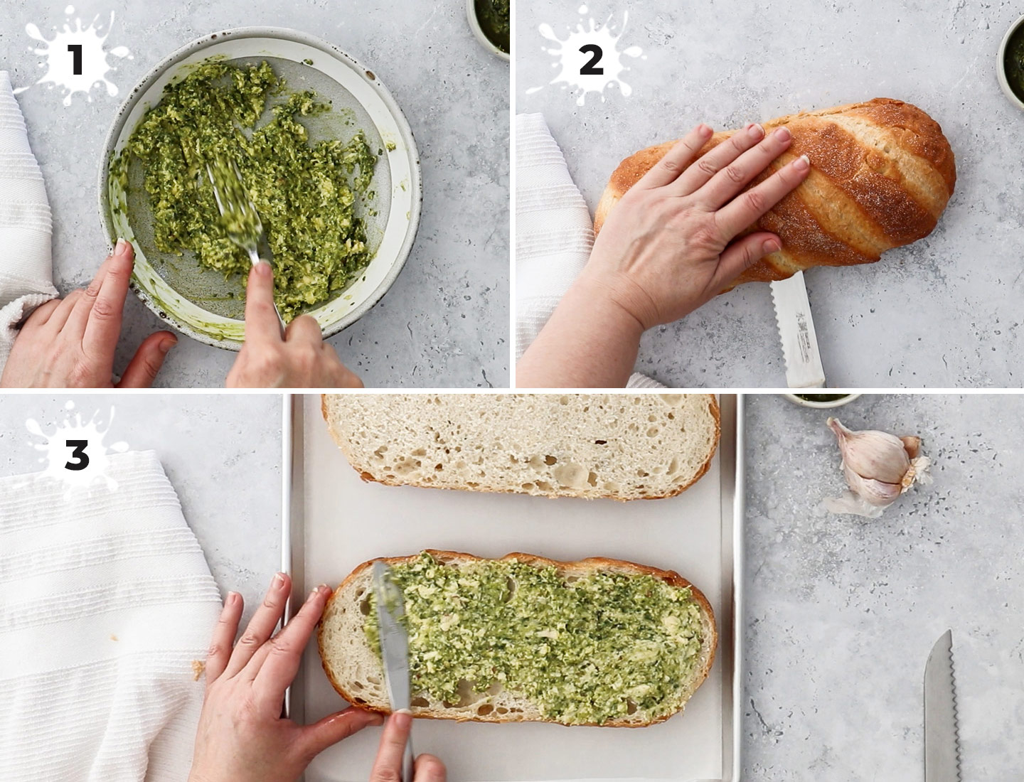 A collage of images showing how to make garlic bread.