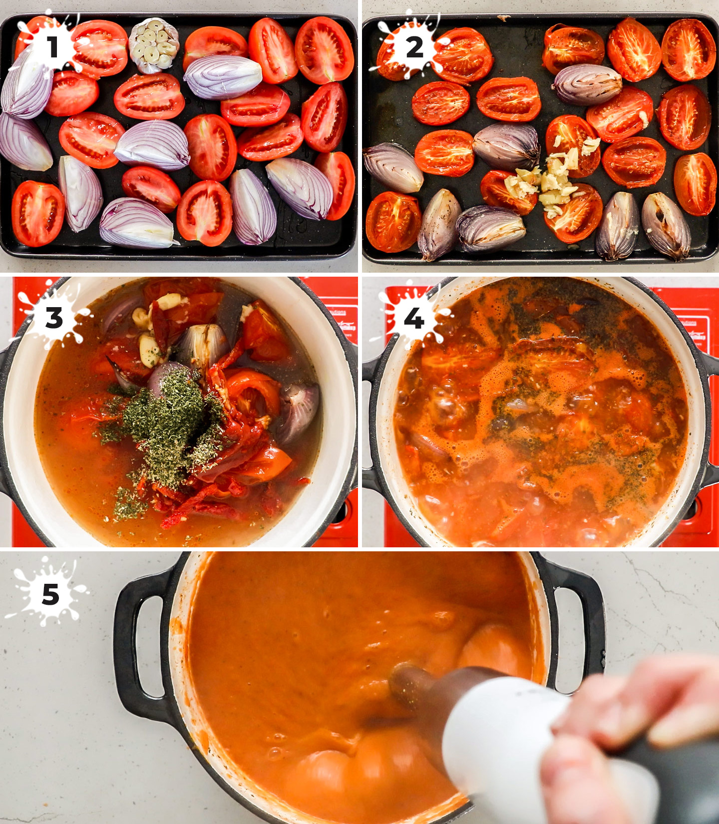 A collage showing how to make roasted tomato soup.