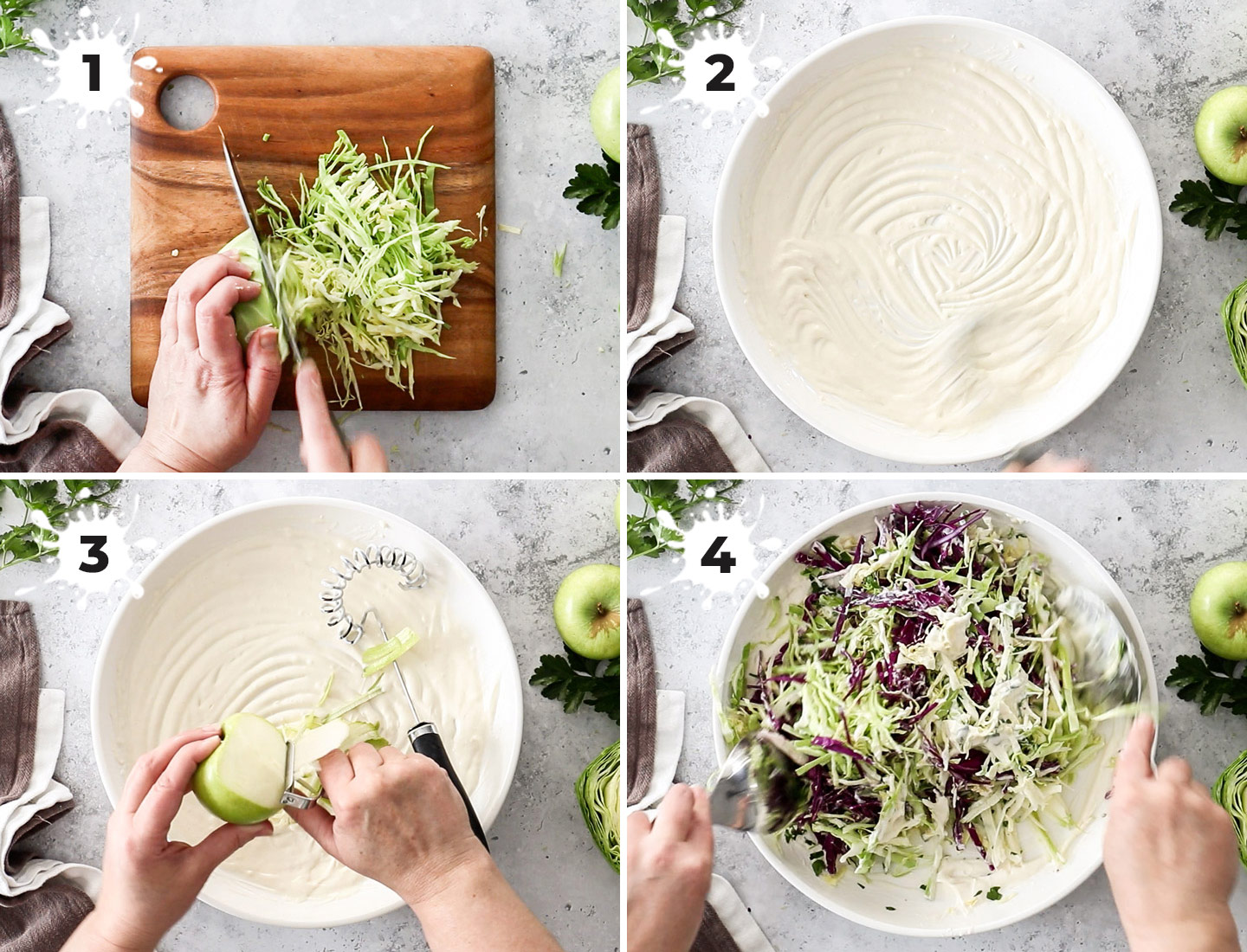 A collage showing how to make apple coleslaw.