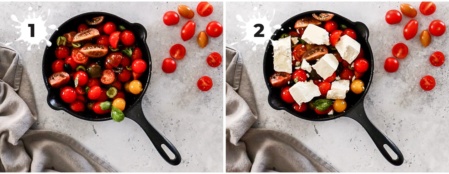 2 images showing how to make roasted tomatoes and feta.