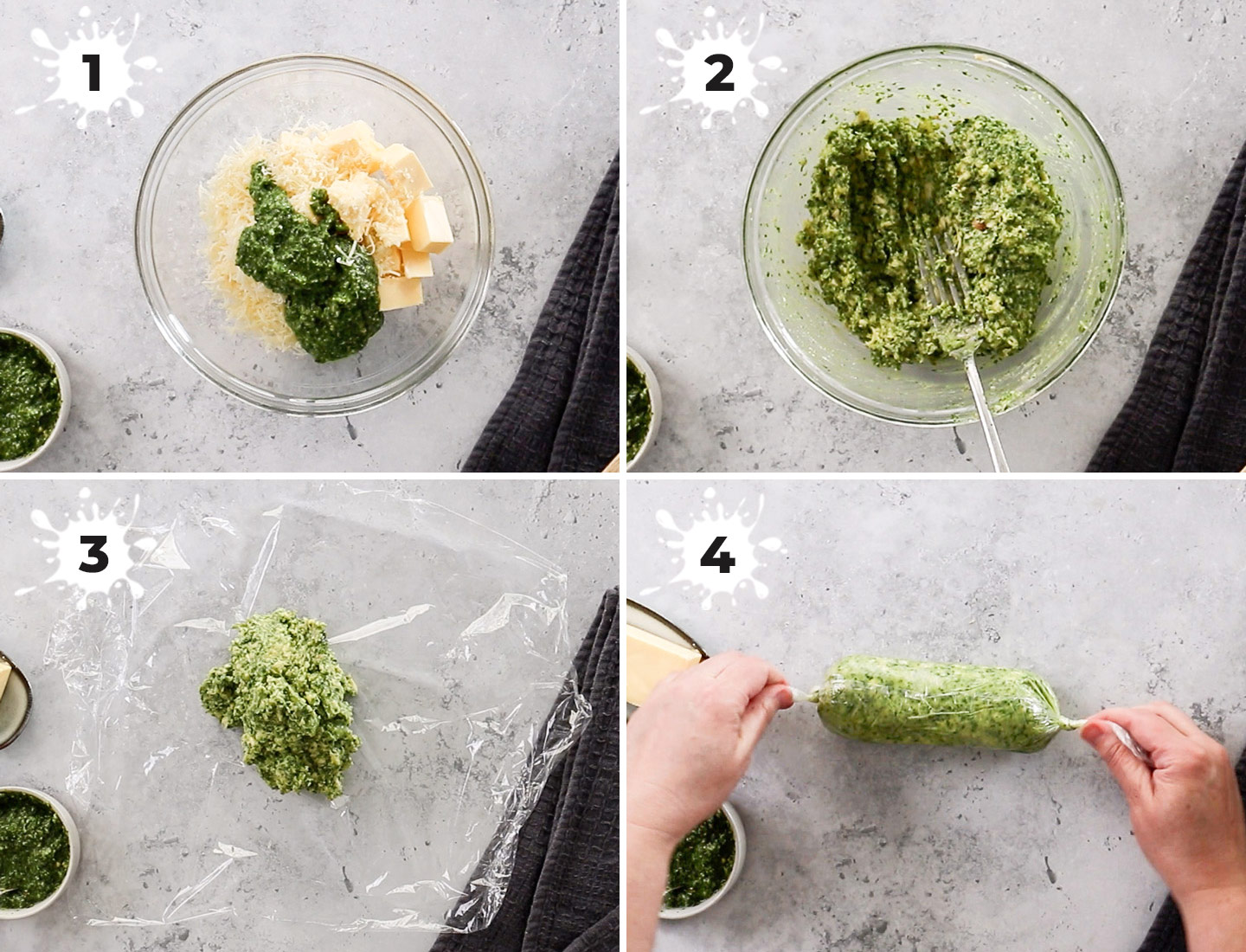 A collage showing how to make pesto butter.