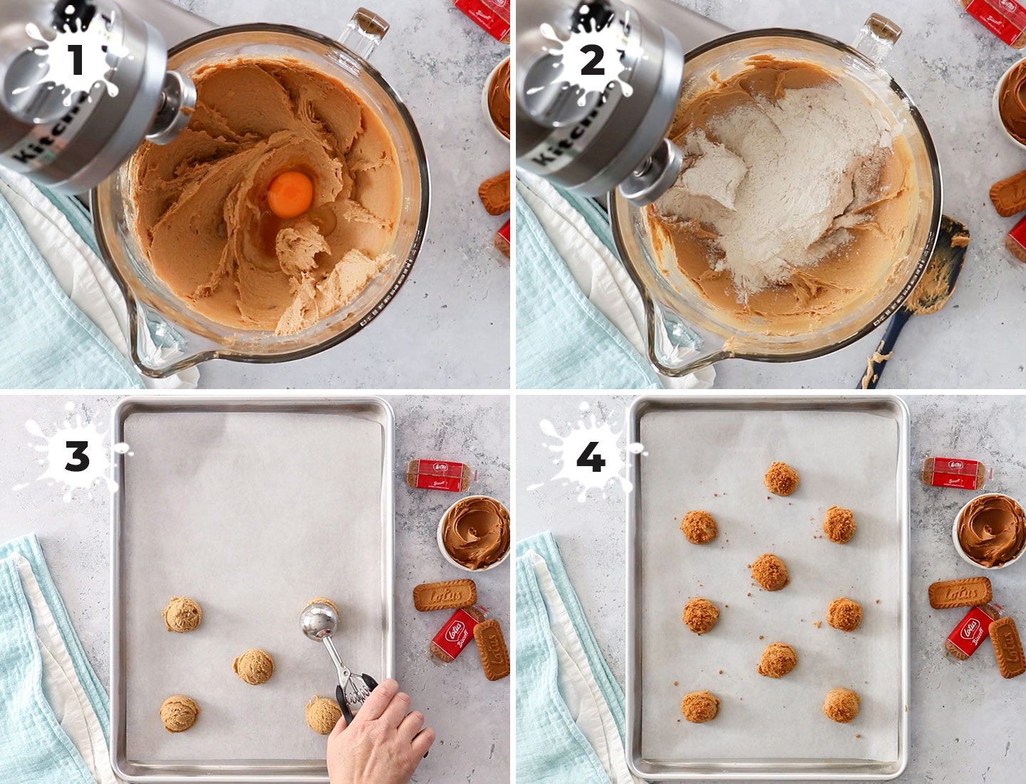 A collage showing how to make Biscoff butter cookies.