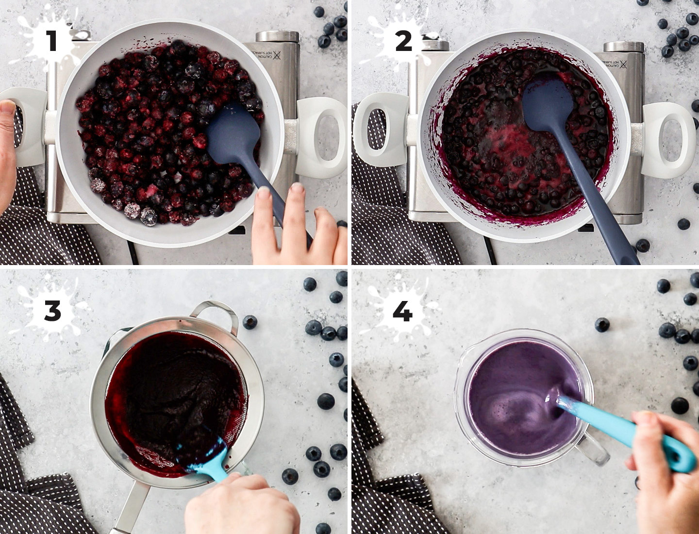 A collage showing how to make blueberry milk.
