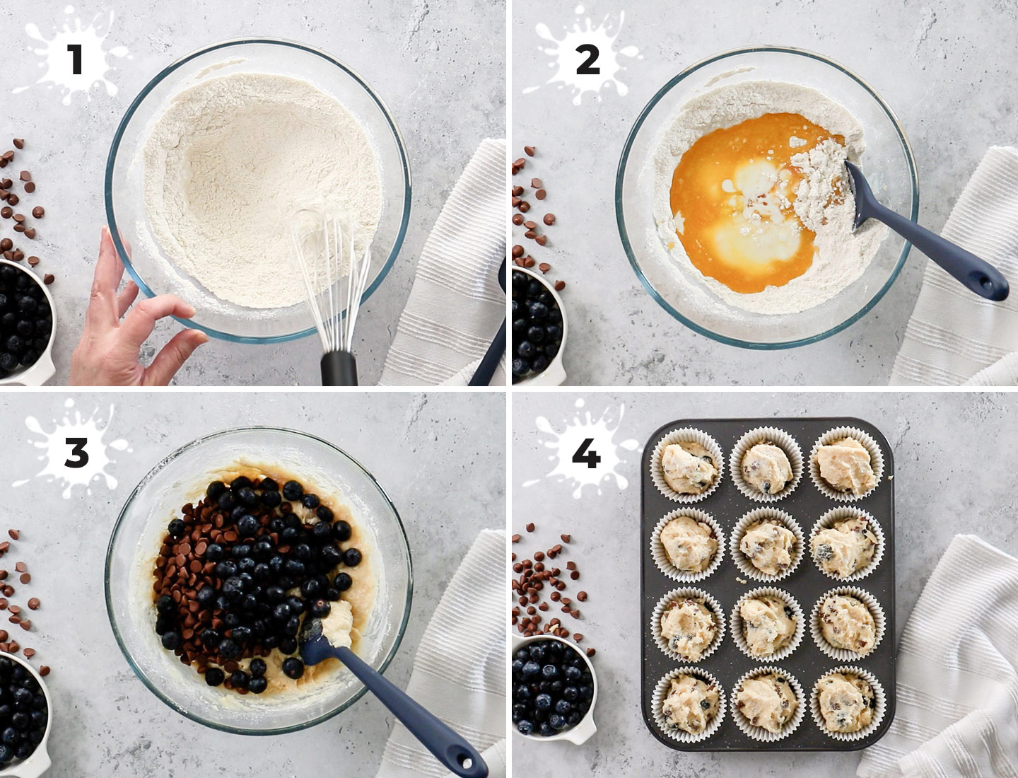A collage showing how to make the blueberry chocolate chip muffins.