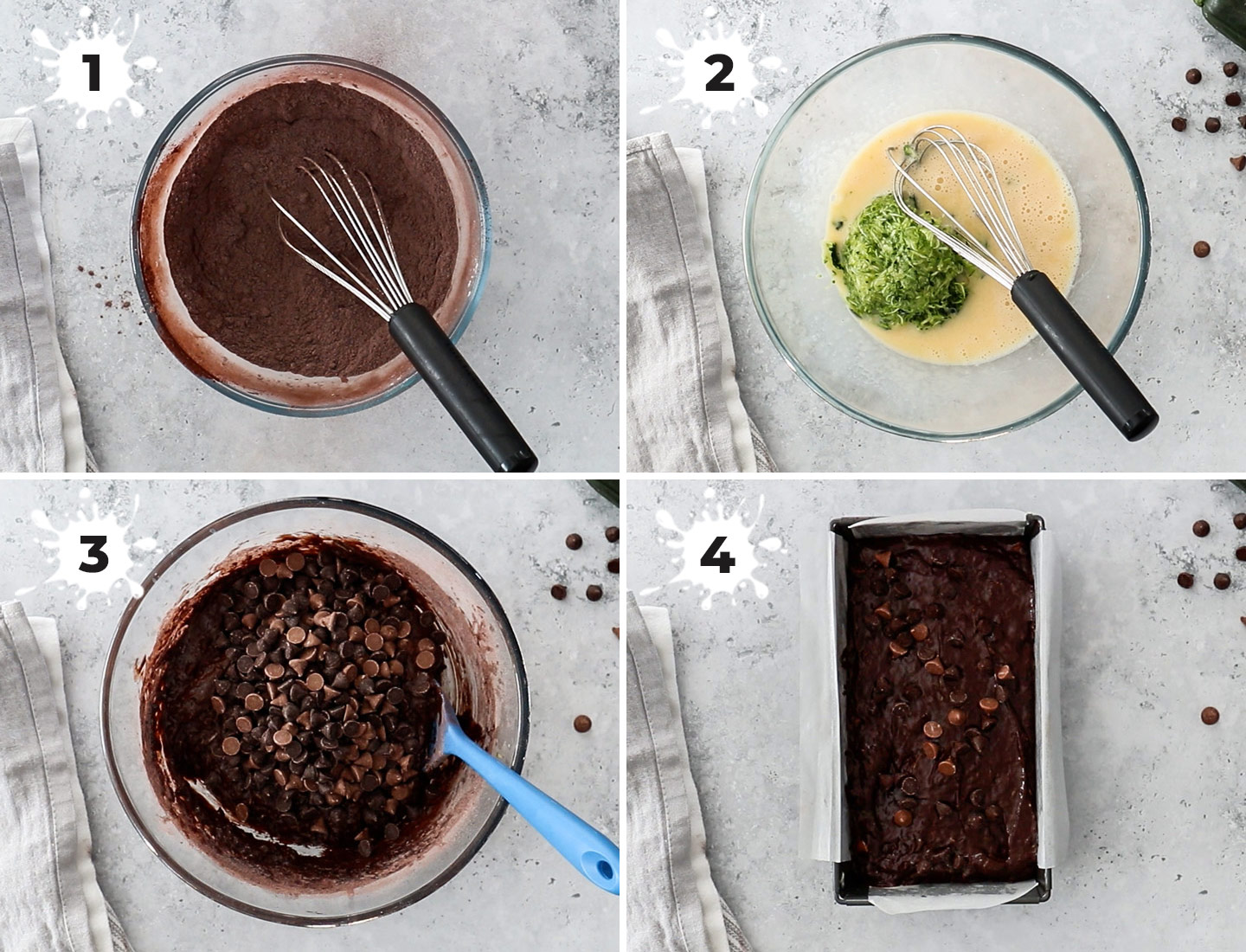 A collage showing how to make chocolate zucchini cake.