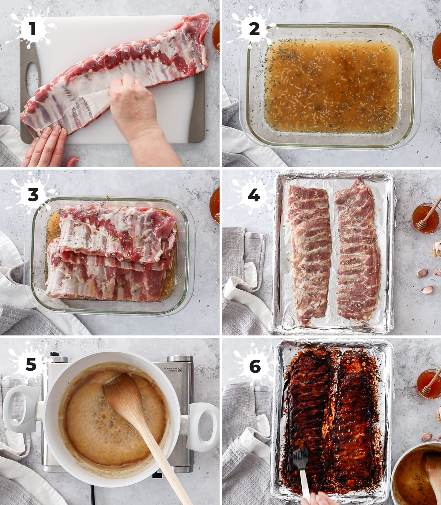 A collage showing how to make honey garlic pork ribs.