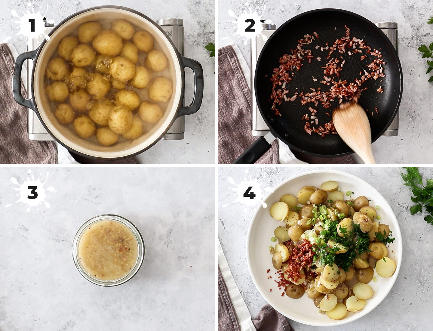 A collage showing how to make no mayo potato salad.