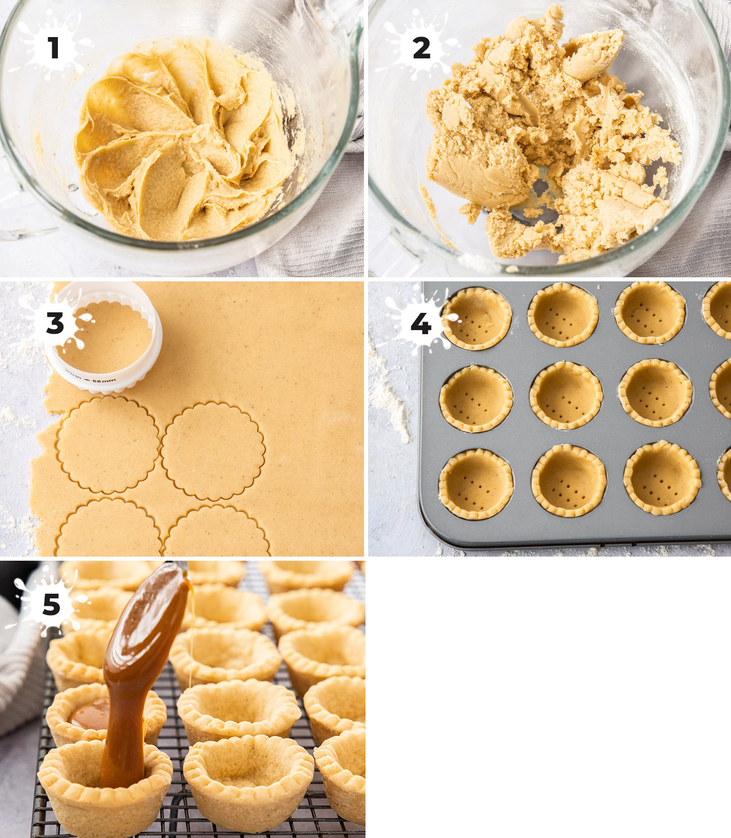 A collage showing how to make salted caramel tartlets.