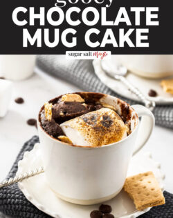 A large mug filled with chocolate cake and marshmallow.