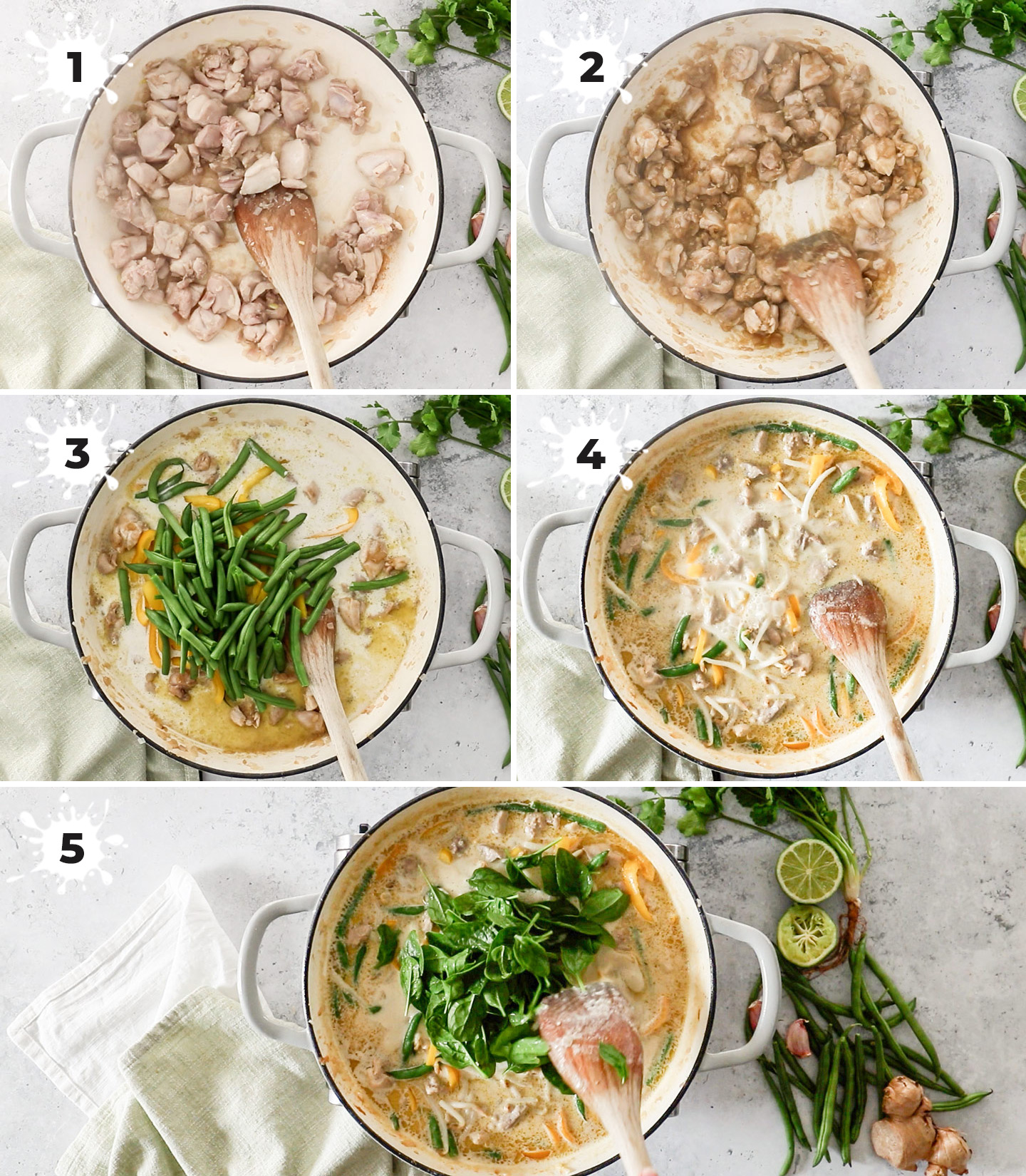 A collage showing how to make green chicken curry.