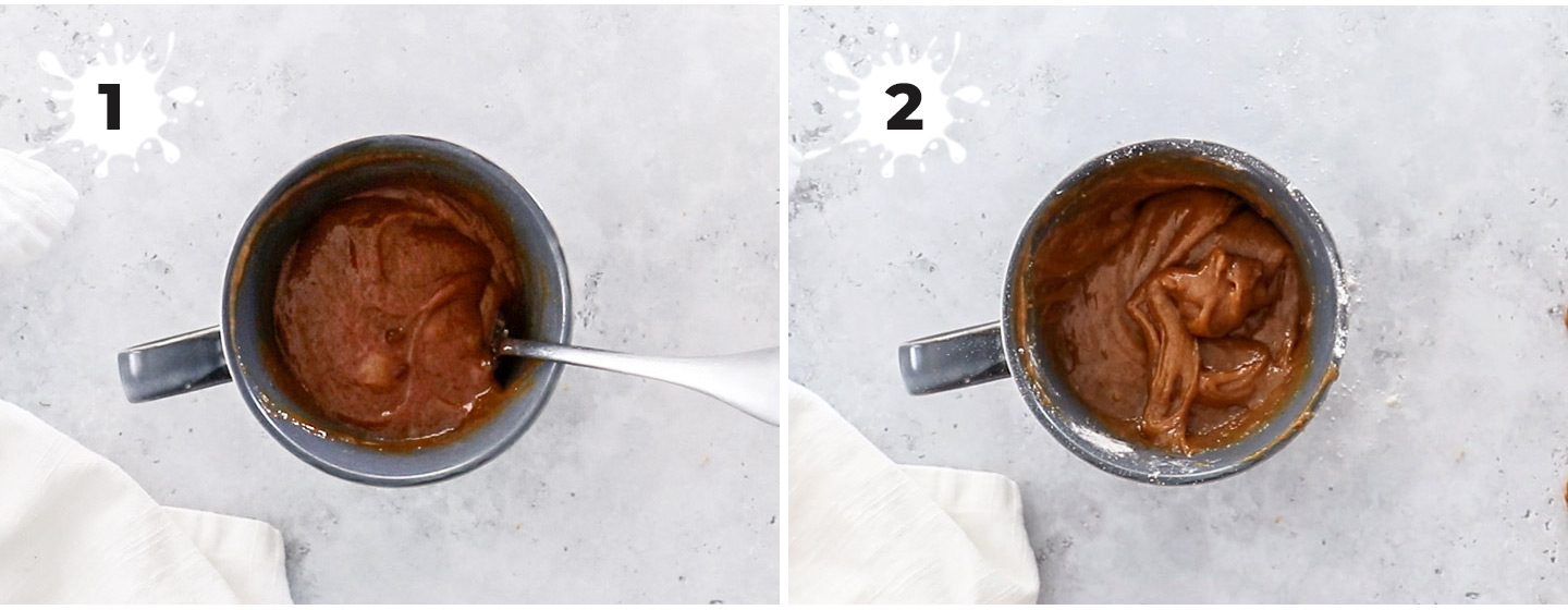 A collage showing how to make Biscoff mug cake.