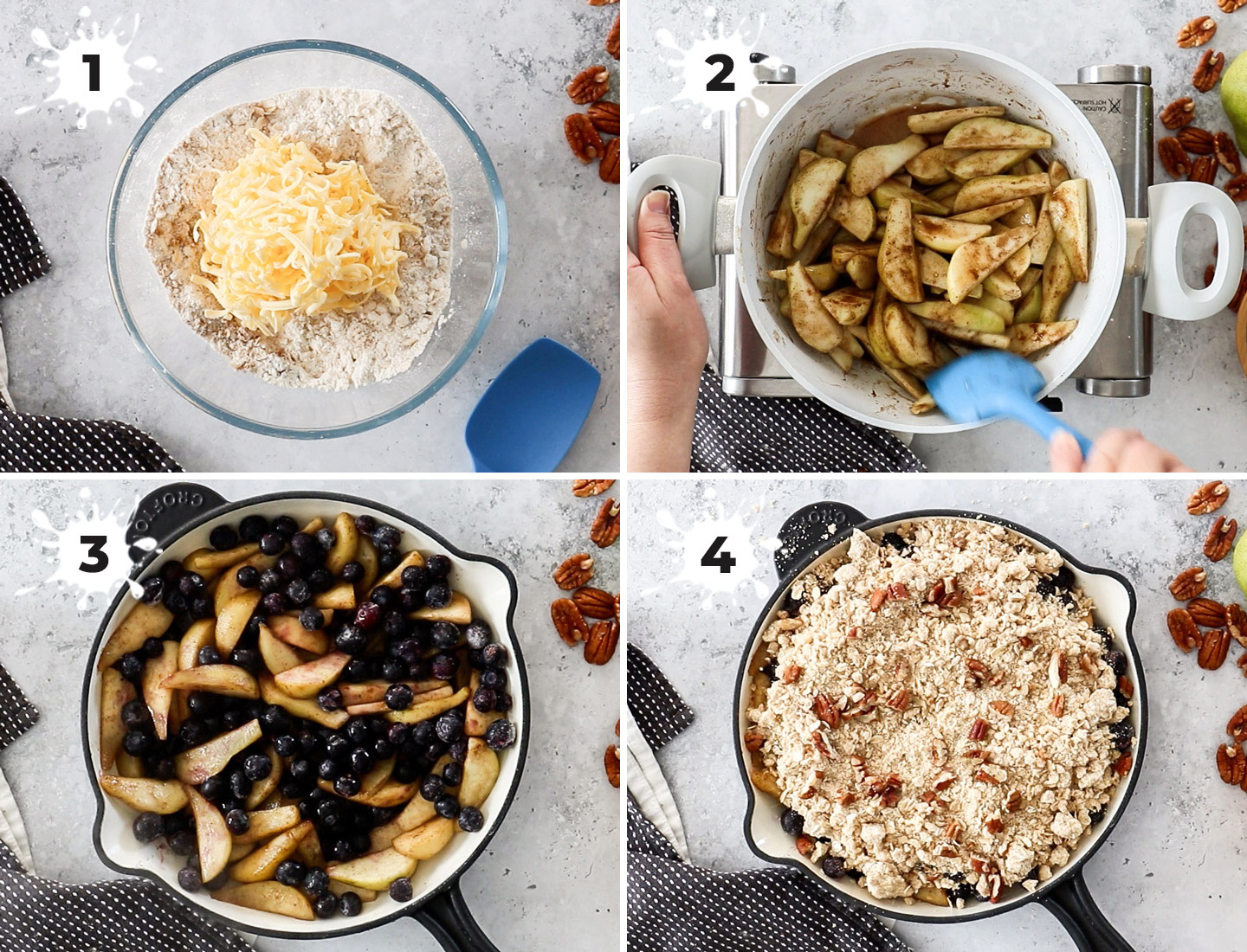 A collage showing how to make pear and blueberry crumble.