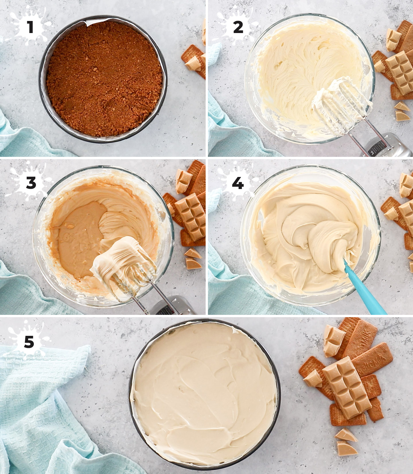A collage showing how to make Caramilk cheesecake.