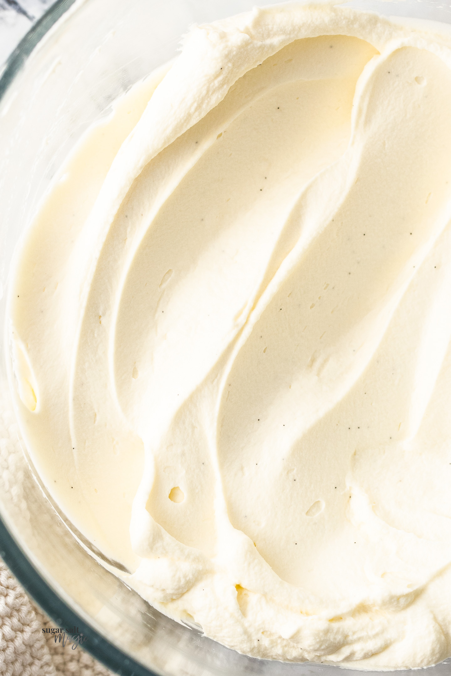 Closeup of chantilly cream in a bowl.