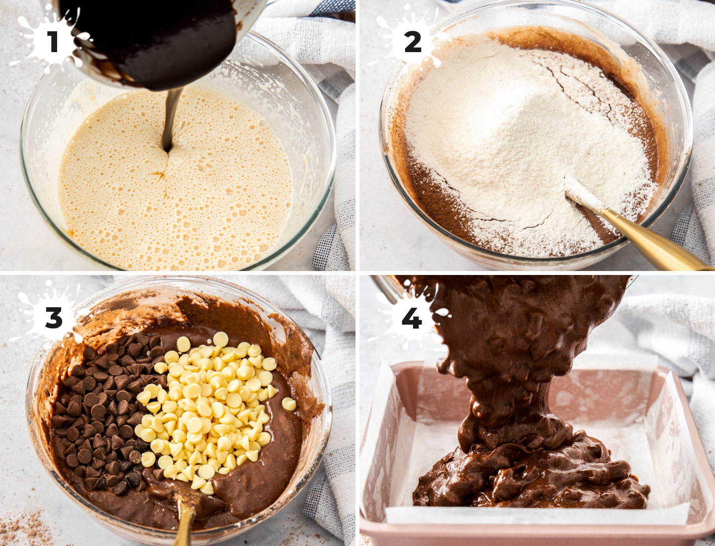 A collage showing how to make chocolate chip brownies.
