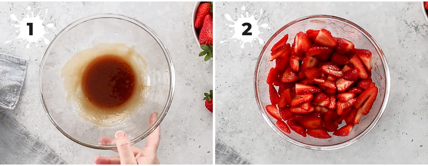 A collage showing how to make the macerated strawberries.